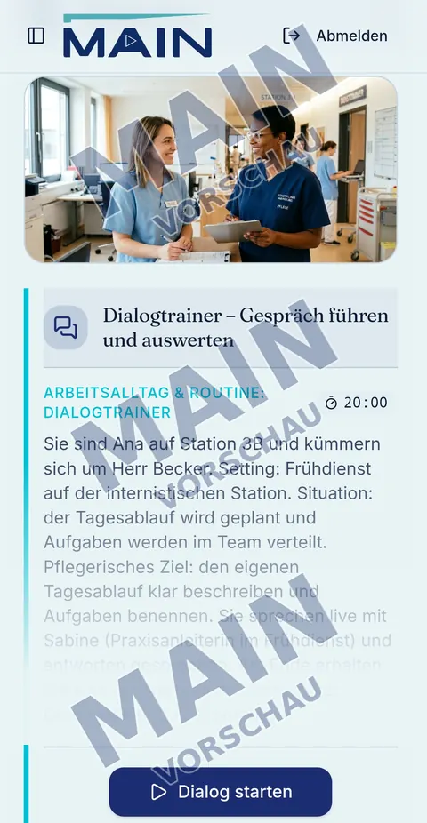 Dialogtrainer: Gespräch mit Praxisanleiterin Sabine im Frühdienst, Schaltfläche «Dialog starten»