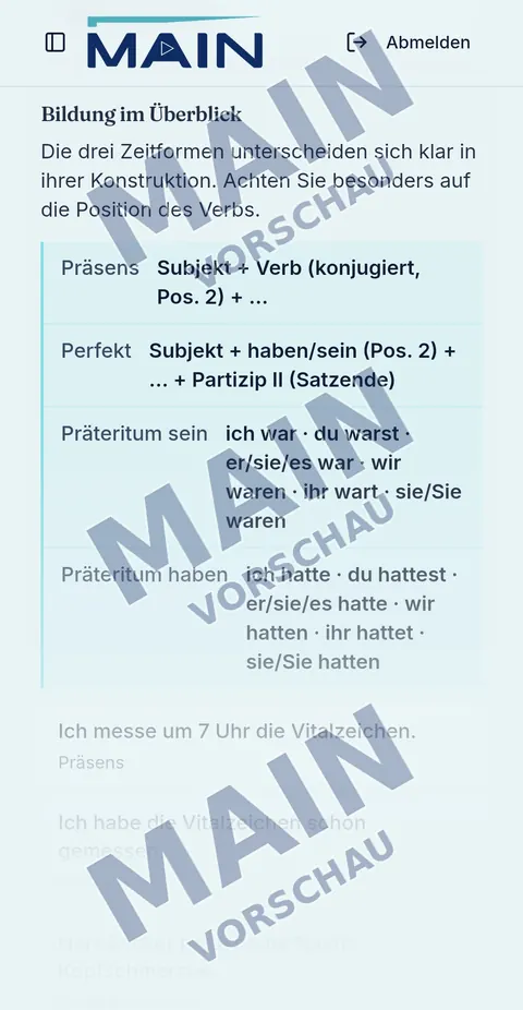 Grammatik-Übersicht zu Präsens, Perfekt und Präteritum mit Beispielsätzen zu Vitalzeichen