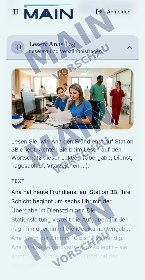Lesetext «Anas Tag» über den Frühdienst auf Station 3B mit Bild aus dem Dienstzimmer