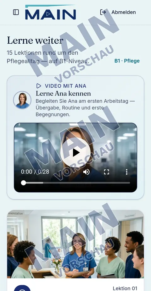 Startbildschirm «Lerne weiter» mit 15 Lektionen B1 Pflege und einem Video mit Ana
