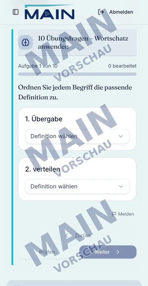 Übung 1 von 10: Begriffen wie «Übergabe» und «verteilen» eine Definition zuordnen