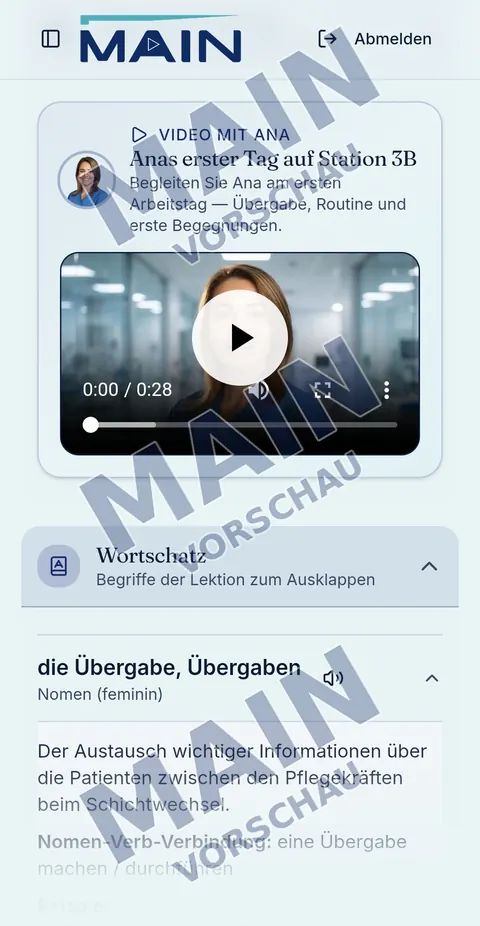 Wortschatz-Eintrag «die Übergabe» mit Audio-Symbol, Definition und Nomen-Verb-Verbindung