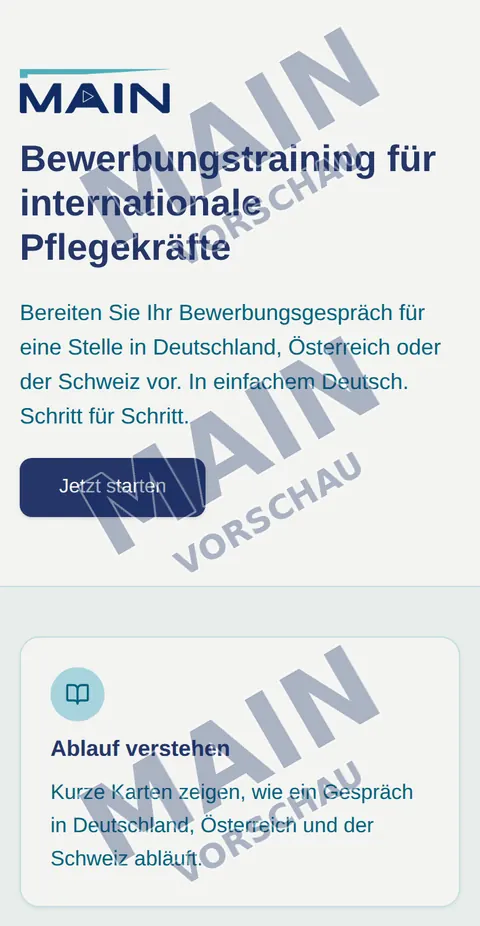 Startseite des MAIN Bewerbungstrainings für internationale Pflegekräfte