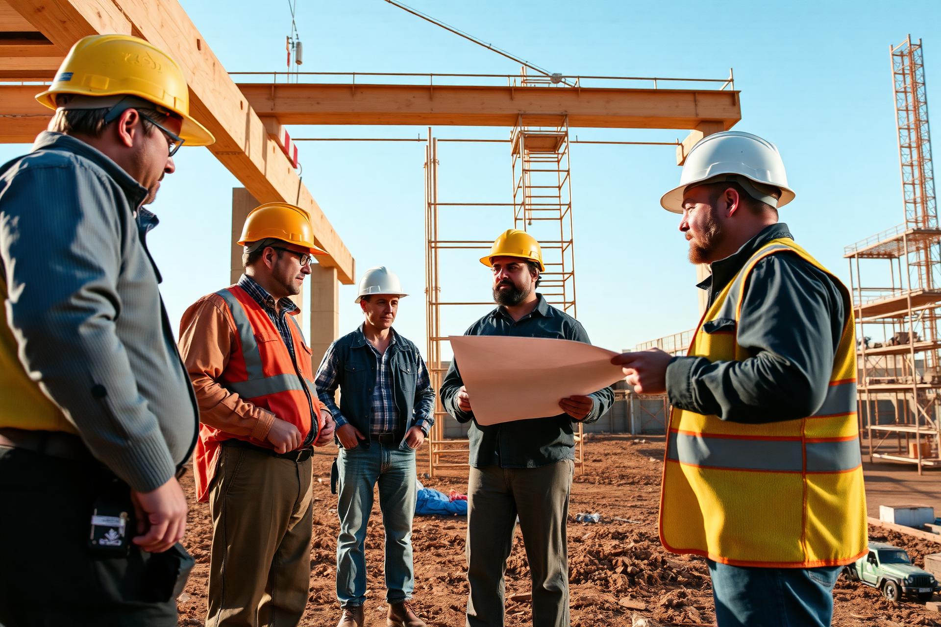Handwerkerinnen und Handwerker im Gespräch auf der Baustelle