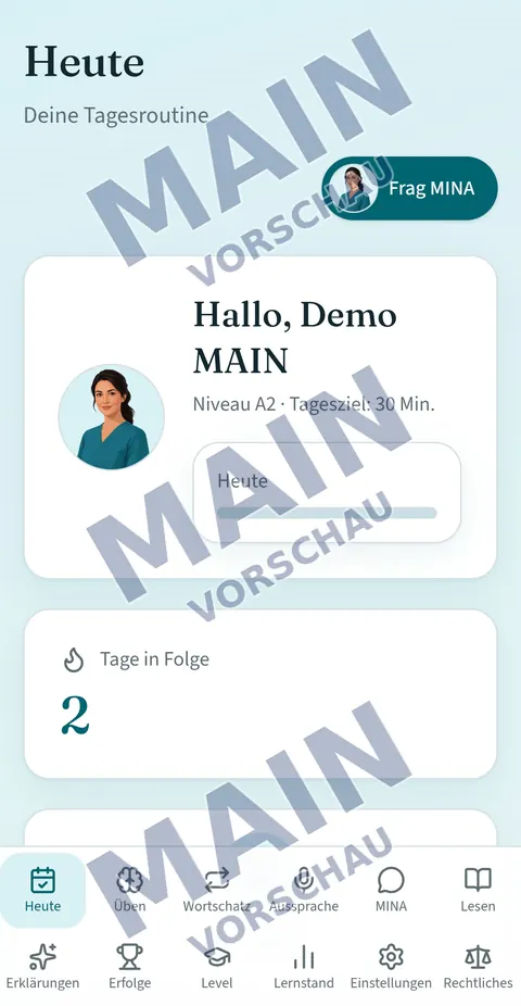 MINA-Startseite mit Tagesroutine, Lernziel und Fortschritt