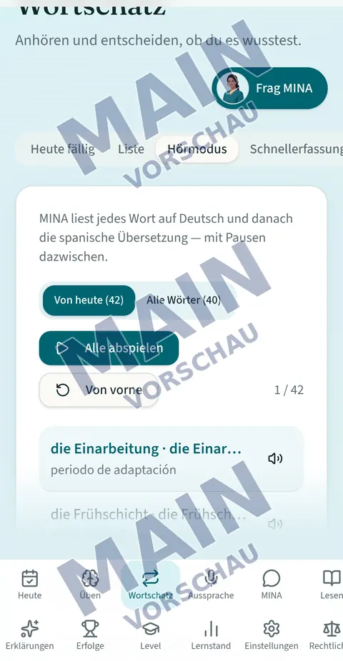 MINA-Hörmodus mit deutscher und spanischer Wortliste