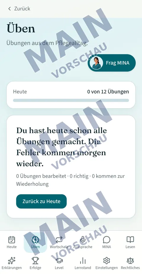 MINA-Übungsbereich mit Tagesfortschritt und Hinweis auf die Wiederholung