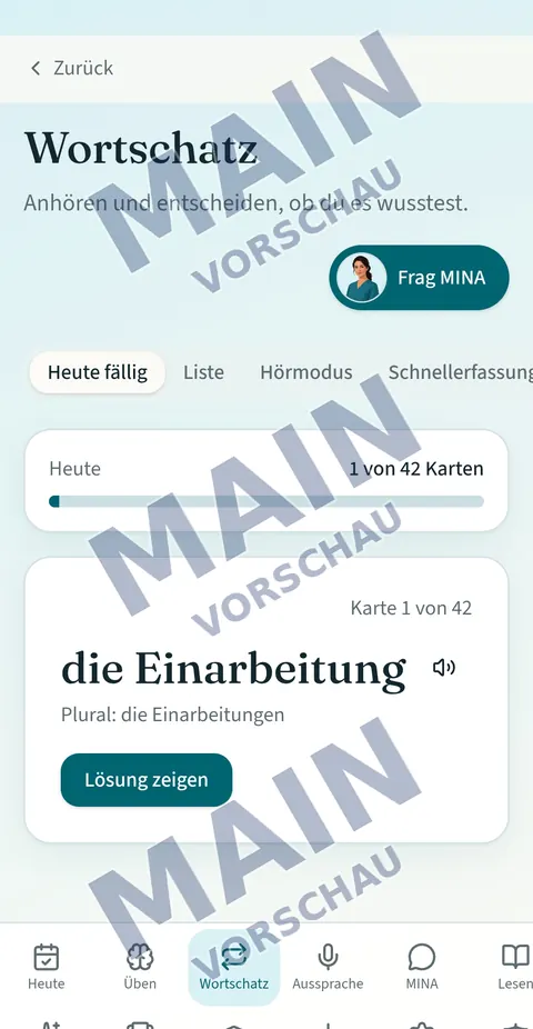 MINA-Wortschatztraining mit Lernkarte und Fortschrittsanzeige