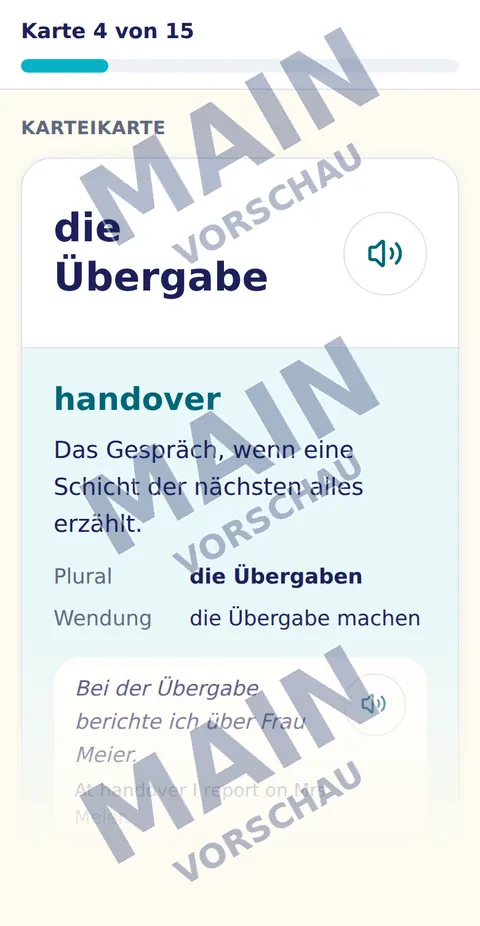 Umgedrehte Karteikarte «die Übergabe» mit Bedeutung, Plural und Beispielsatz